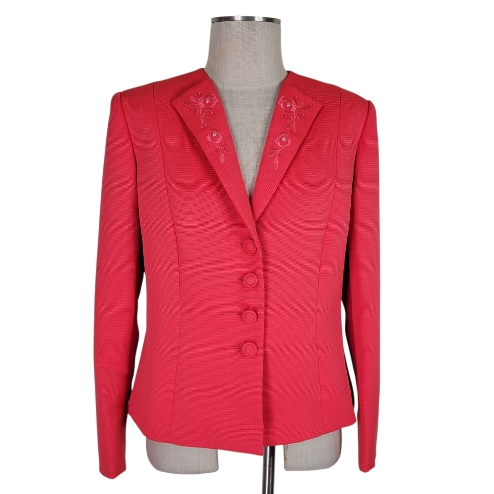 Tahari ASL Skirt Suit Size 12P Coral Beaded Embroidered Blazer Textured New - Picture 3 of 12